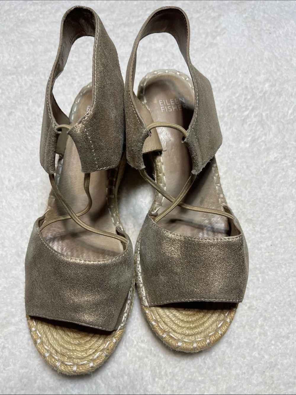 Eileen Fisher Metallic Taupe Suede Espadrille Sandals Size 7.5